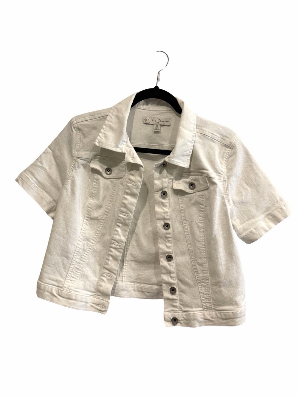 White Short Sleeve Button Down Denim Jacket